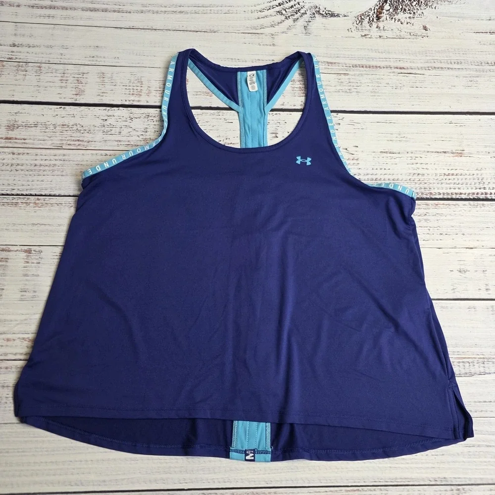 Under Armour Knockout Tank Top Womens 2XL Navy Blue Stretch Logo Racerback Loose - Picture 3 of 9